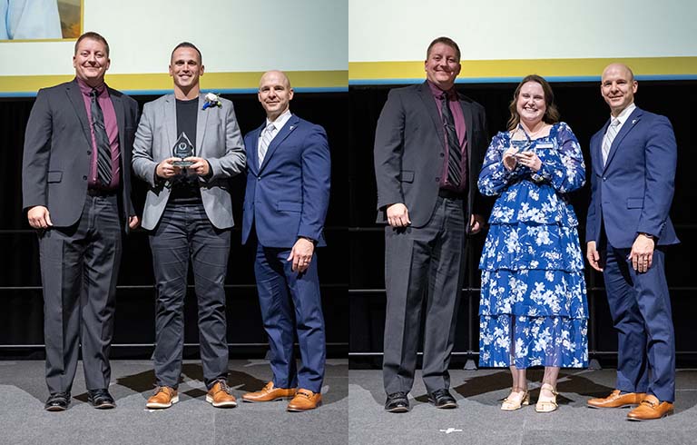 Two side-by-side photos of alumni awards presentations, Kody Kumfer on left and Clare Moricz on right
