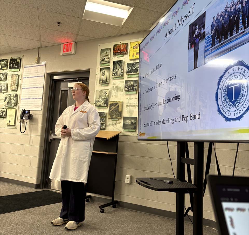 Student standing to left of screen with "About Myself" slide.